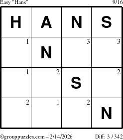The grouppuzzles.com Easy Hans puzzle for Saturday February 14, 2026 with the first 3 steps marked
