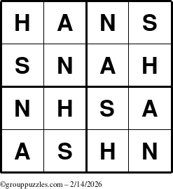 The grouppuzzles.com Answer grid for the Hans puzzle for Saturday February 14, 2026