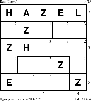 The grouppuzzles.com Easy Hazel puzzle for Saturday February 14, 2026 with all 3 steps marked