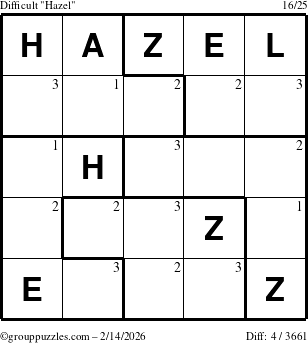 The grouppuzzles.com Difficult Hazel puzzle for Saturday February 14, 2026 with the first 3 steps marked