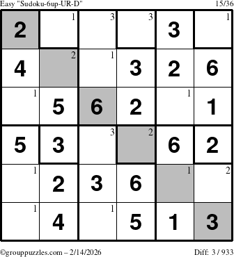 The grouppuzzles.com Easy Sudoku-6up-UR-D puzzle for Saturday February 14, 2026 with the first 3 steps marked