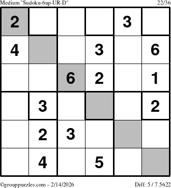 The grouppuzzles.com Medium Sudoku-6up-UR-D puzzle for Saturday February 14, 2026