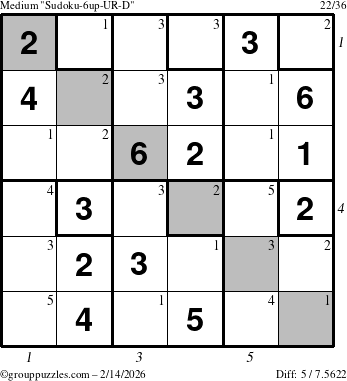 The grouppuzzles.com Medium Sudoku-6up-UR-D puzzle for Saturday February 14, 2026 with all 5 steps marked