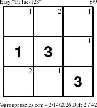 The grouppuzzles.com Easy TicTac-123 puzzle for Saturday February 14, 2026 with the first 2 steps marked