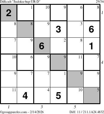 The grouppuzzles.com Difficult Sudoku-6up-UR-D puzzle for Saturday February 14, 2026 with all 11 steps marked