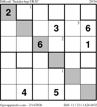 The grouppuzzles.com Difficult Sudoku-6up-UR-D puzzle for Saturday February 14, 2026 with the first 3 steps marked