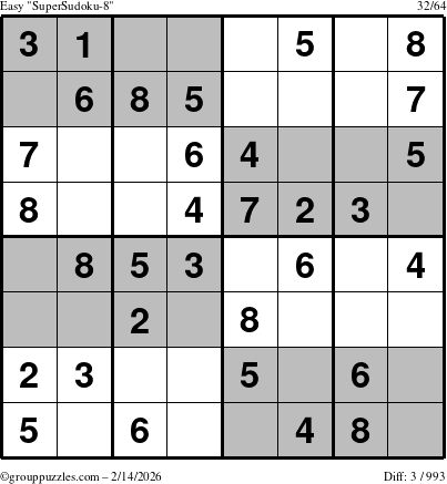 The grouppuzzles.com Easy SuperSudoku-8 puzzle for Saturday February 14, 2026