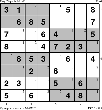 The grouppuzzles.com Easy SuperSudoku-8 puzzle for Saturday February 14, 2026 with all 3 steps marked