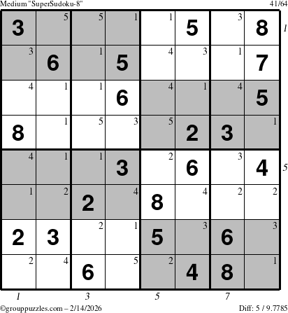 The grouppuzzles.com Medium SuperSudoku-8 puzzle for Saturday February 14, 2026 with all 5 steps marked