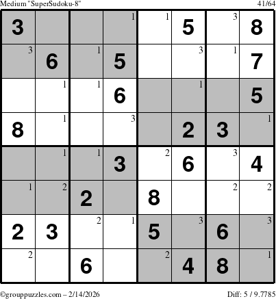 The grouppuzzles.com Medium SuperSudoku-8 puzzle for Saturday February 14, 2026 with the first 3 steps marked