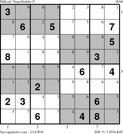 The grouppuzzles.com Difficult SuperSudoku-8 puzzle for Saturday February 14, 2026, suitable for printing, with all 9 steps marked