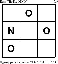 The grouppuzzles.com Easy TicTac-MNO puzzle for Saturday February 14, 2026