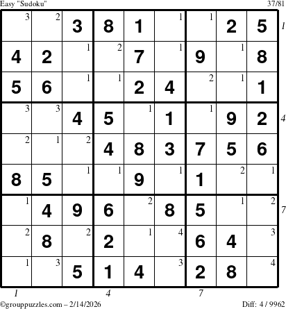 The grouppuzzles.com Easy Sudoku puzzle for Saturday February 14, 2026, suitable for printing, with all 4 steps marked