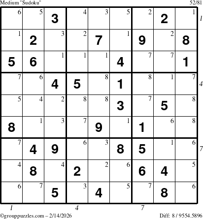 The grouppuzzles.com Medium Sudoku puzzle for Saturday February 14, 2026, suitable for printing, with all 8 steps marked