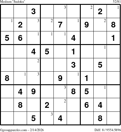 The grouppuzzles.com Medium Sudoku puzzle for Saturday February 14, 2026 with the first 3 steps marked