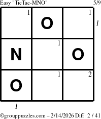 The grouppuzzles.com Easy TicTac-MNO puzzle for Saturday February 14, 2026 with all 2 steps marked