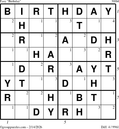 The grouppuzzles.com Easy Birthday puzzle for Saturday February 14, 2026, suitable for printing, with all 4 steps marked