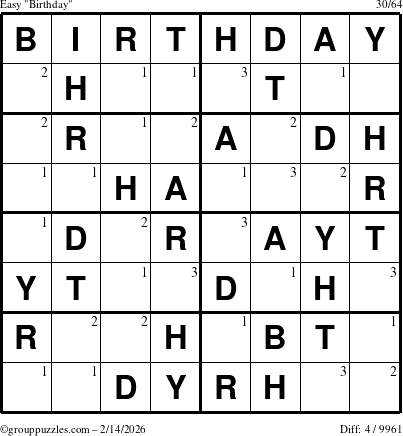 The grouppuzzles.com Easy Birthday puzzle for Saturday February 14, 2026 with the first 3 steps marked