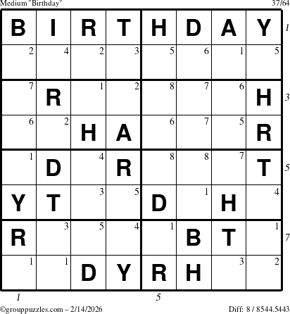 The grouppuzzles.com Medium Birthday puzzle for Saturday February 14, 2026, suitable for printing, with all 8 steps marked