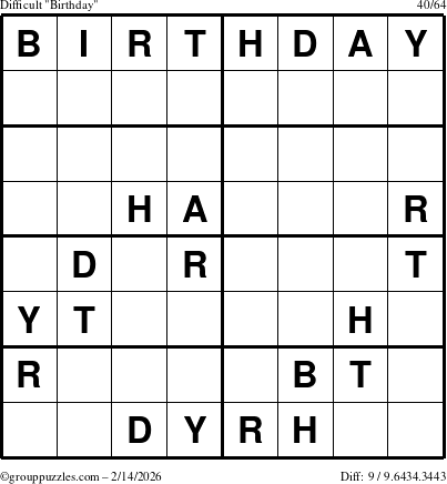 The grouppuzzles.com Difficult Birthday puzzle for Saturday February 14, 2026