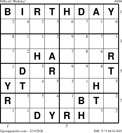 The grouppuzzles.com Difficult Birthday puzzle for Saturday February 14, 2026, suitable for printing, with all 9 steps marked