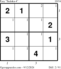 The grouppuzzles.com Easy Sudoku-4 puzzle for Thursday September 12, 2024 with all 2 steps marked