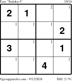 The grouppuzzles.com Easy Sudoku-4 puzzle for Thursday September 12, 2024 with the first 2 steps marked