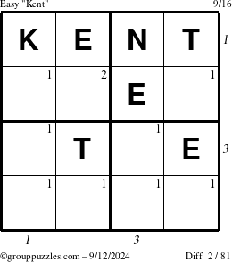 The grouppuzzles.com Easy Kent puzzle for Thursday September 12, 2024 with all 2 steps marked