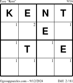 The grouppuzzles.com Easy Kent puzzle for Thursday September 12, 2024 with the first 2 steps marked