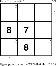 The grouppuzzles.com Easy TicTac-789 puzzle for Thursday September 12, 2024 with all 2 steps marked