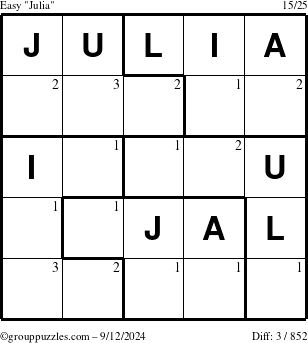 The grouppuzzles.com Easy Julia puzzle for Thursday September 12, 2024 with the first 3 steps marked