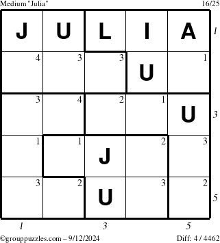 The grouppuzzles.com Medium Julia puzzle for Thursday September 12, 2024, suitable for printing, with all 4 steps marked