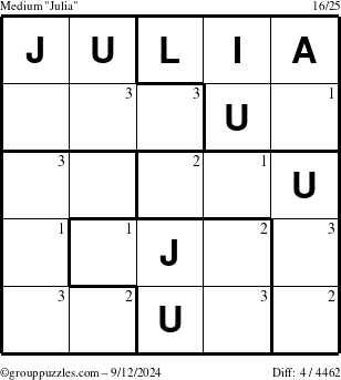 The grouppuzzles.com Medium Julia puzzle for Thursday September 12, 2024 with the first 3 steps marked