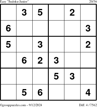 The grouppuzzles.com Easy Sudoku-Junior puzzle for Thursday September 12, 2024