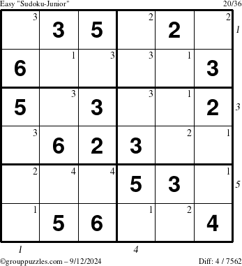 The grouppuzzles.com Easy Sudoku-Junior puzzle for Thursday September 12, 2024 with all 4 steps marked