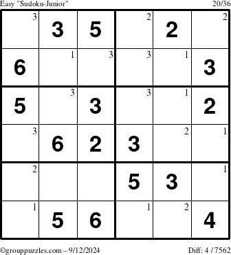 The grouppuzzles.com Easy Sudoku-Junior puzzle for Thursday September 12, 2024 with the first 3 steps marked