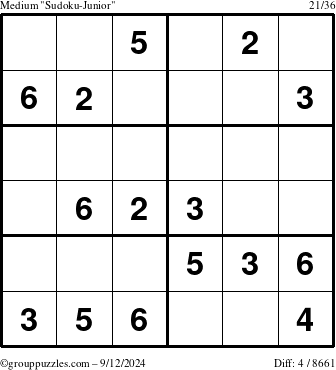 The grouppuzzles.com Medium Sudoku-Junior puzzle for Thursday September 12, 2024