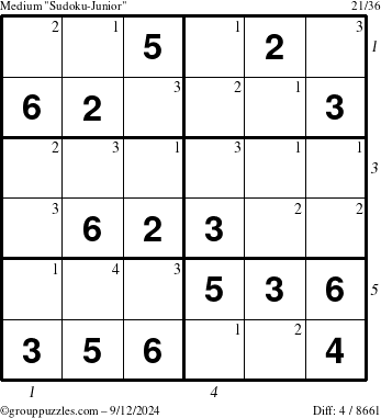 The grouppuzzles.com Medium Sudoku-Junior puzzle for Thursday September 12, 2024, suitable for printing, with all 4 steps marked