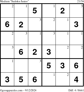 The grouppuzzles.com Medium Sudoku-Junior puzzle for Thursday September 12, 2024 with the first 3 steps marked