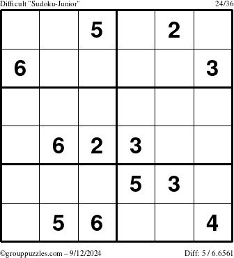 The grouppuzzles.com Difficult Sudoku-Junior puzzle for Thursday September 12, 2024