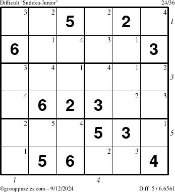 The grouppuzzles.com Difficult Sudoku-Junior puzzle for Thursday September 12, 2024, suitable for printing, with all 5 steps marked