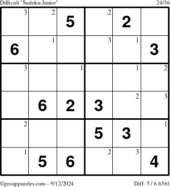 The grouppuzzles.com Difficult Sudoku-Junior puzzle for Thursday September 12, 2024 with the first 3 steps marked