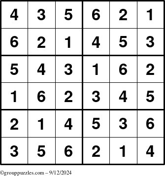 The grouppuzzles.com Answer grid for the Sudoku-Junior puzzle for Thursday September 12, 2024