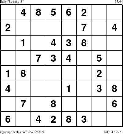 The grouppuzzles.com Easy Sudoku-8 puzzle for Thursday September 12, 2024