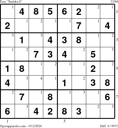 The grouppuzzles.com Easy Sudoku-8 puzzle for Thursday September 12, 2024 with all 4 steps marked