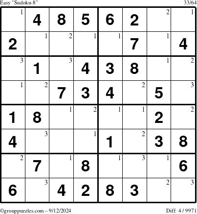 The grouppuzzles.com Easy Sudoku-8 puzzle for Thursday September 12, 2024 with the first 3 steps marked