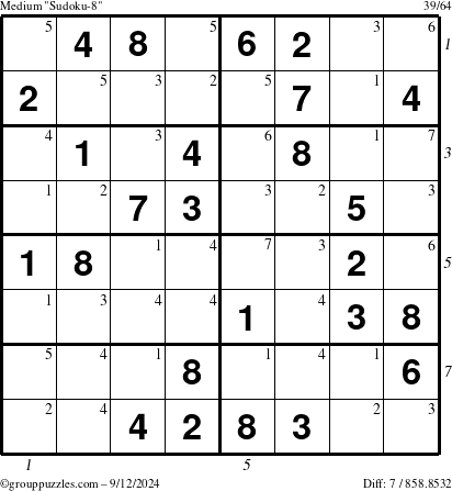 The grouppuzzles.com Medium Sudoku-8 puzzle for Thursday September 12, 2024 with all 7 steps marked