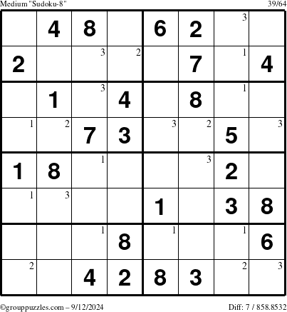 The grouppuzzles.com Medium Sudoku-8 puzzle for Thursday September 12, 2024 with the first 3 steps marked