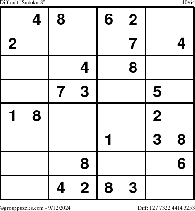 The grouppuzzles.com Difficult Sudoku-8 puzzle for Thursday September 12, 2024