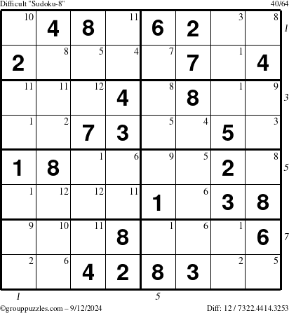 The grouppuzzles.com Difficult Sudoku-8 puzzle for Thursday September 12, 2024 with all 12 steps marked